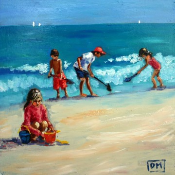 niños cavando arena en la playa Pinturas al óleo
